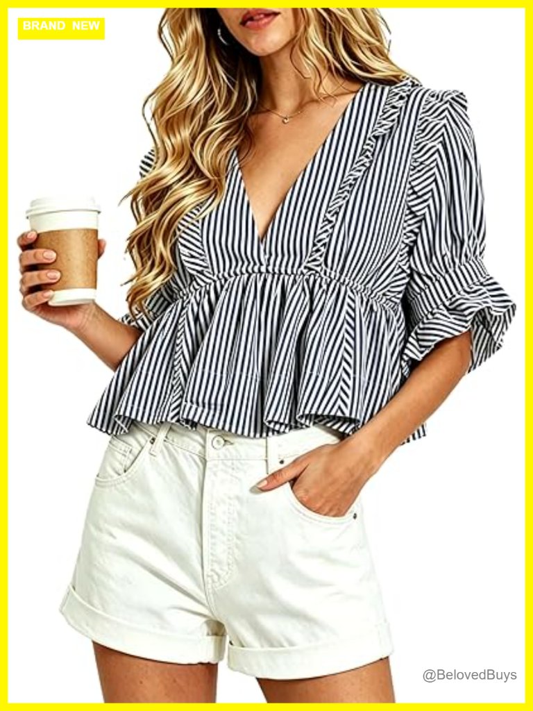 Deep V Neck Puff Short Sleeve Ruffled Cropped Striped Top